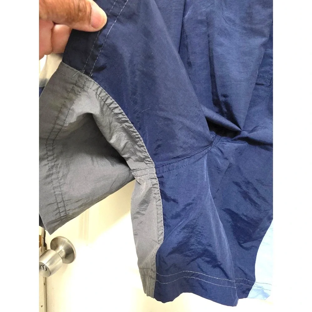 Vintage Sand N Sun Mens Swim Shorts Blue/Gray W/ White & Light Blue Stripes Elas